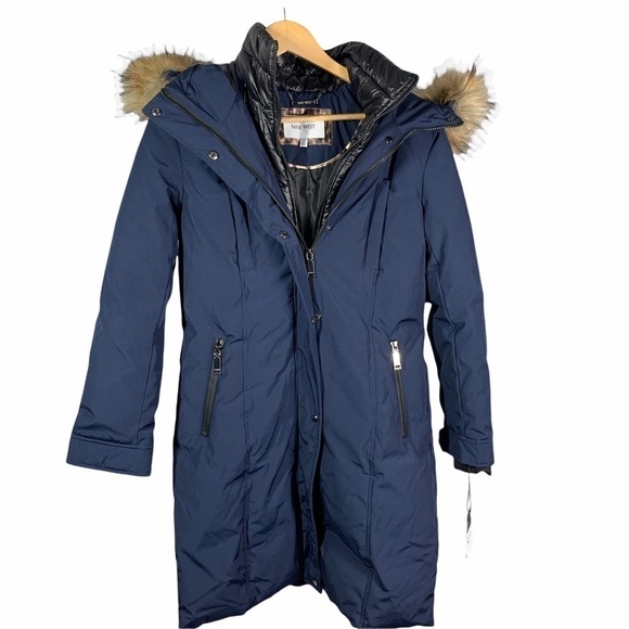 Nine West Jacket Hooded Long Parka Navy Small - Picture 2 of 16